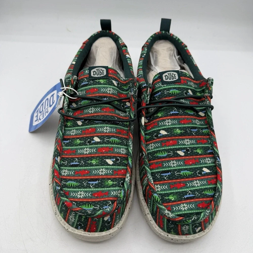 Hey Dude Wally Fishmas Sweater Shoes Mens Sz 10 Pine Green/Red Christmas Slip On